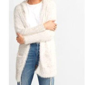 Express Eyelash Hooded Fuzzy Long Cardigan Sweater M Cream